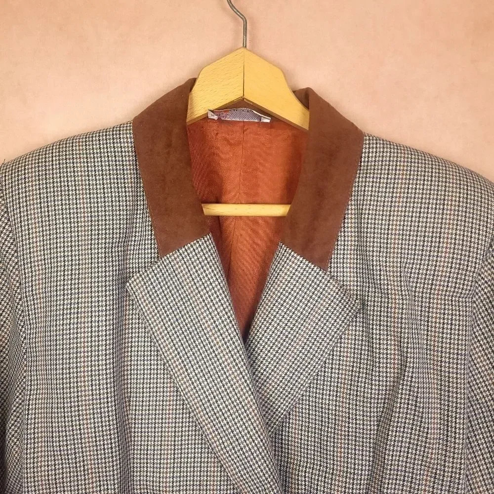 Vintage Marie Claire Houndstooth Two Button Cropped Blazer Suit Jacket Brown